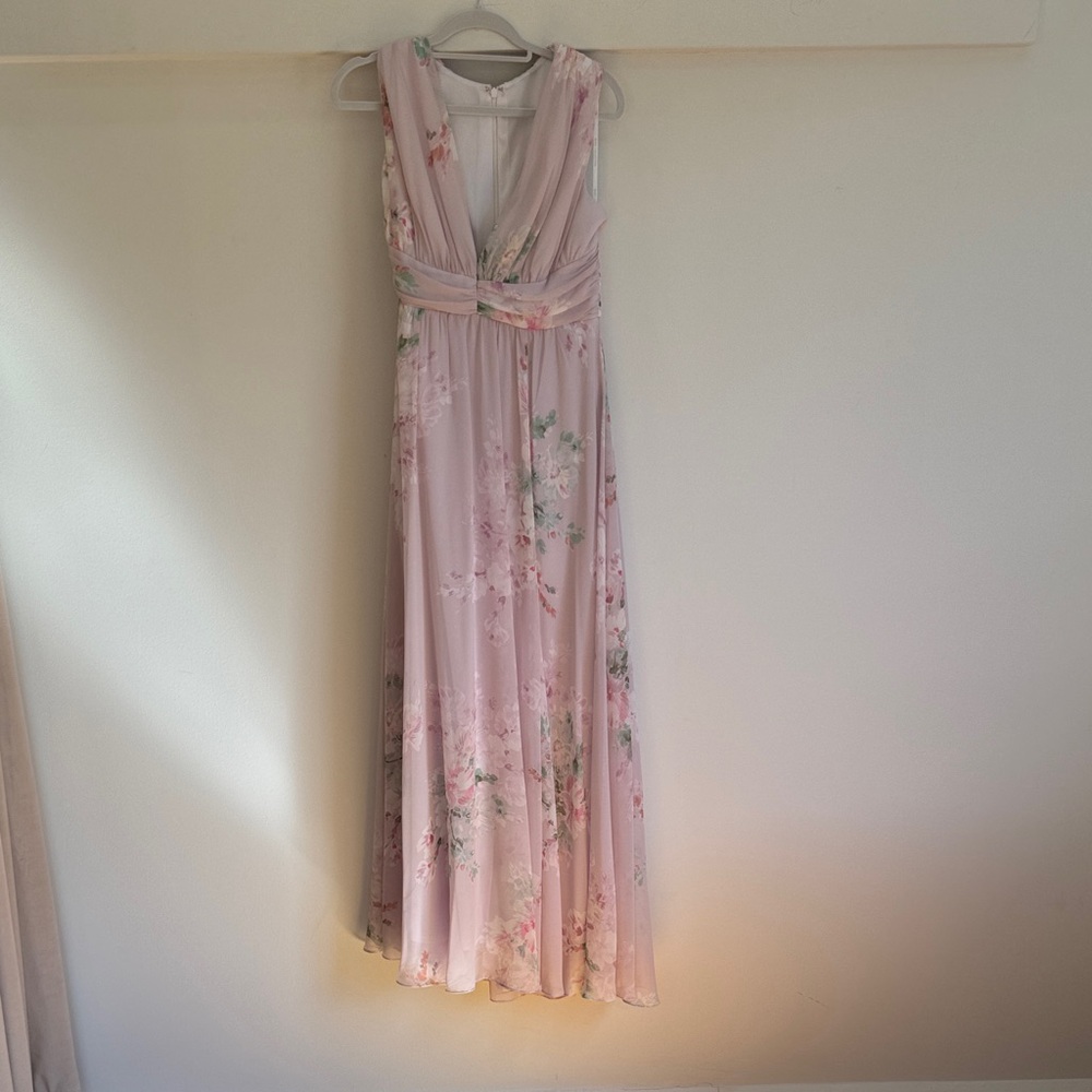 Dessy Lux chiffon water color print bridesmaid dress.